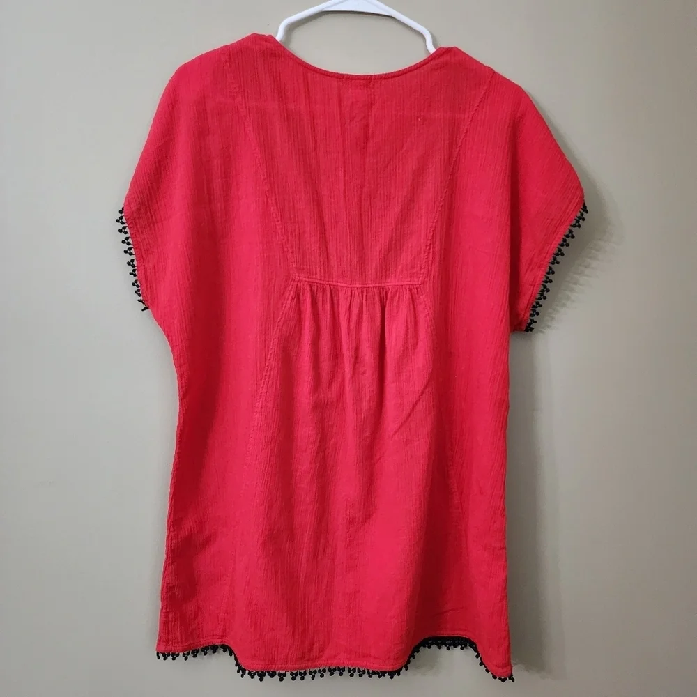 J. Crew Red Navy Blue Embroideeed Pom Pom Tunic Cotton Top Size S Women - Picture 6 of 8